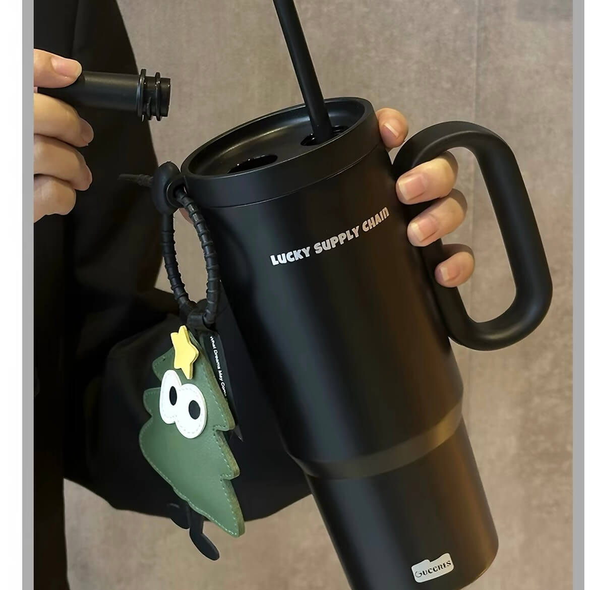 Large Insulated Tumbler with Handle, Straw & Cute Bag Charm