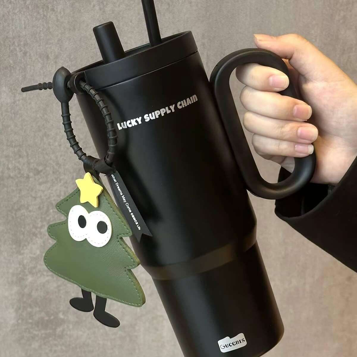 Large Insulated Tumbler with Handle, Straw & Cute Bag Charm